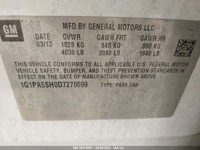 2013 CHEVROLET CRUZE LS - 1G1PA5SH0D7270699