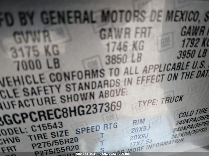 2017 CHEVROLET SILVERADO 1500 LT - 3GCPCREC8HG237369