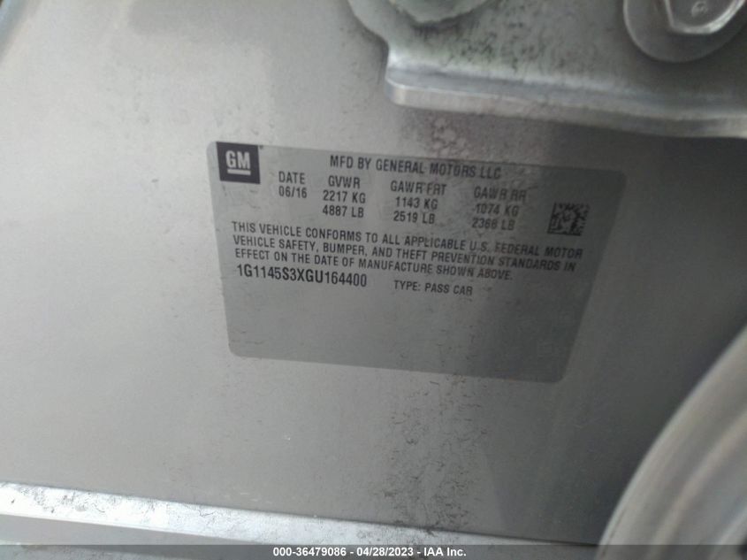 2016 CHEVROLET IMPALA LTZ - 1G1145S3XGU164400