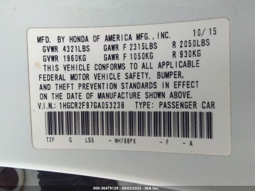 2016 HONDA ACCORD SEDAN EX-L - 1HGCR2F97GA053238