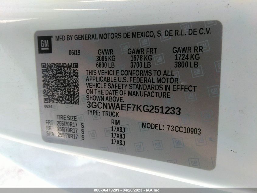 2019 CHEVROLET SILVERADO 1500 WORK TRUCK - 3GCNWAEF7KG251233