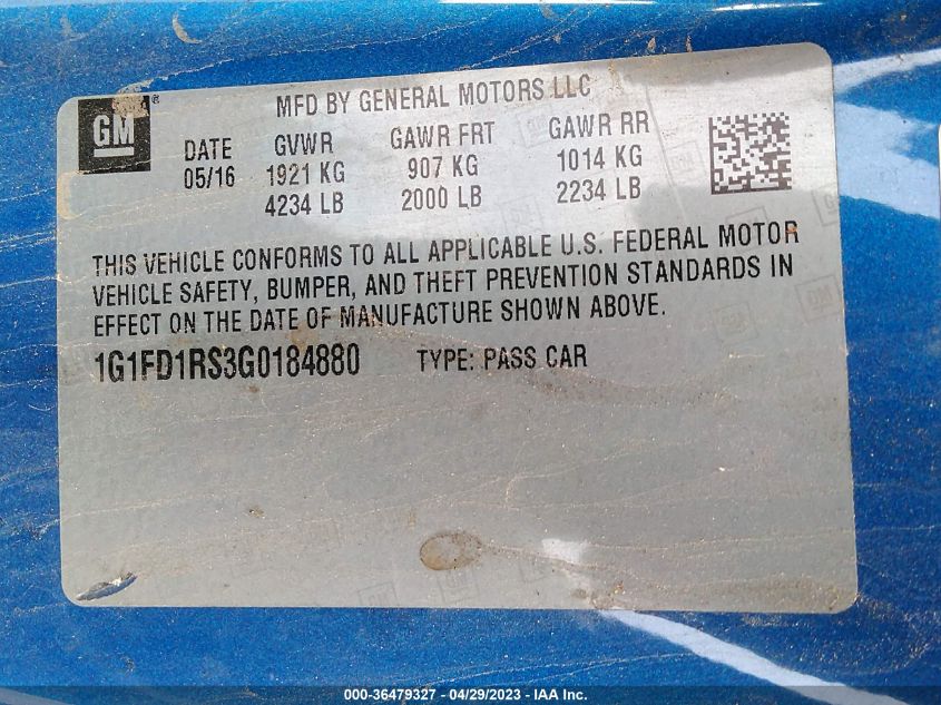 2016 CHEVROLET CAMARO 2LT - 1G1FD1RS3G0184880