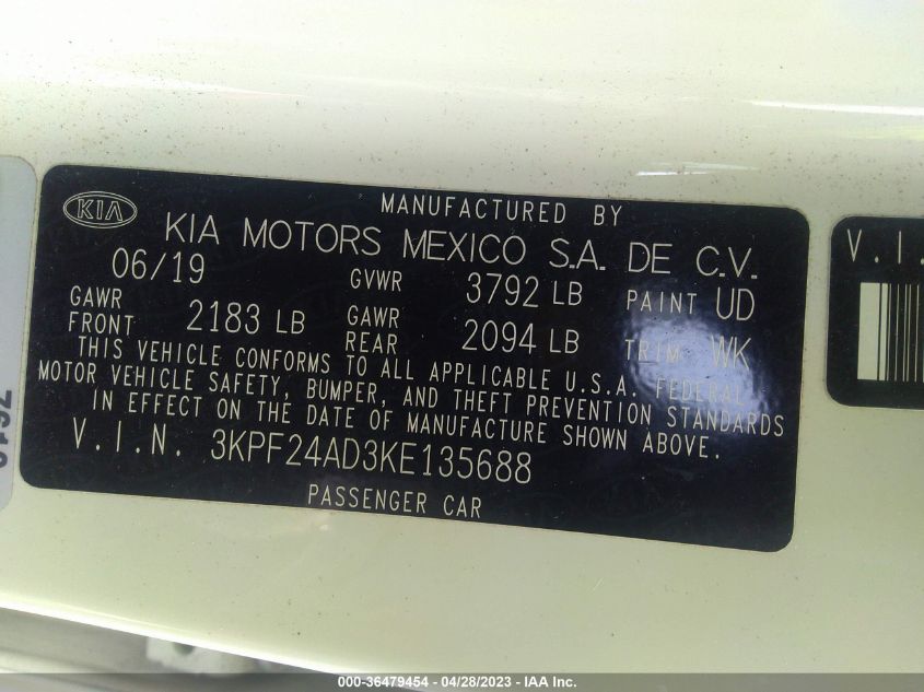 2019 KIA FORTE LXS - 3KPF24AD3KE135688