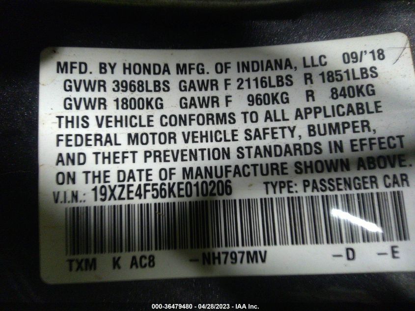 2019 HONDA INSIGHT EX 19XZE4F56KE010206
