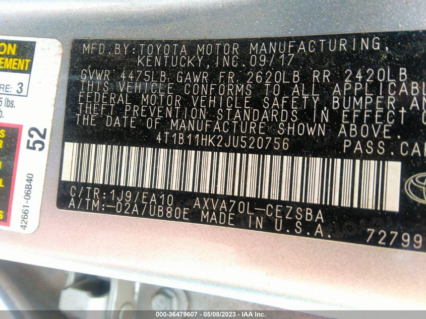 2018 TOYOTA CAMRY LE/SE/XLE/L - 4T1B11HK2JU520756