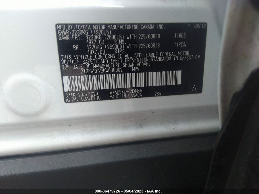 2019 TOYOTA RAV4 HYBRID XSE - 2T3EWRFV2KW038002