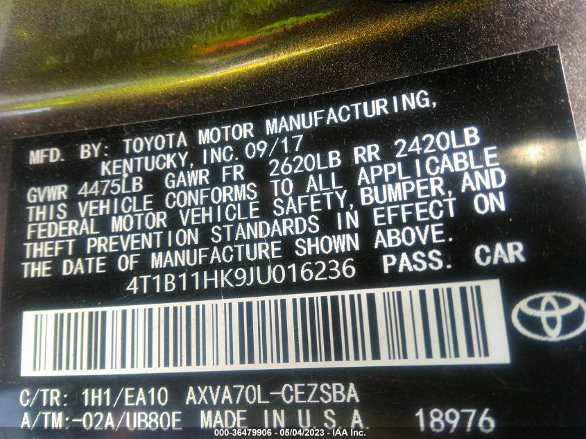 2018 TOYOTA CAMRY SE - 4T1B11HK9JU016236