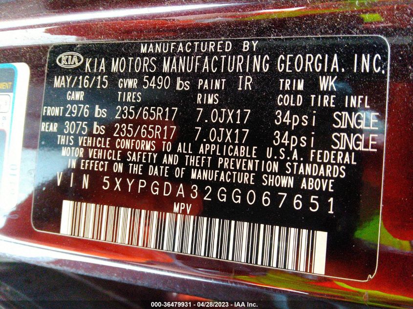 2016 KIA SORENTO LX - 5XYPGDA32GG067651