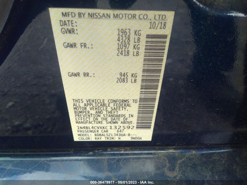 2019 NISSAN ALTIMA 2.5 SR - 1N4BL4CVXKC132592