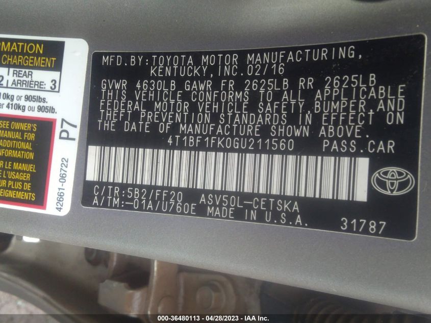 2016 TOYOTA CAMRY XLE/SE/LE/XSE - 4T1BF1FK0GU211560