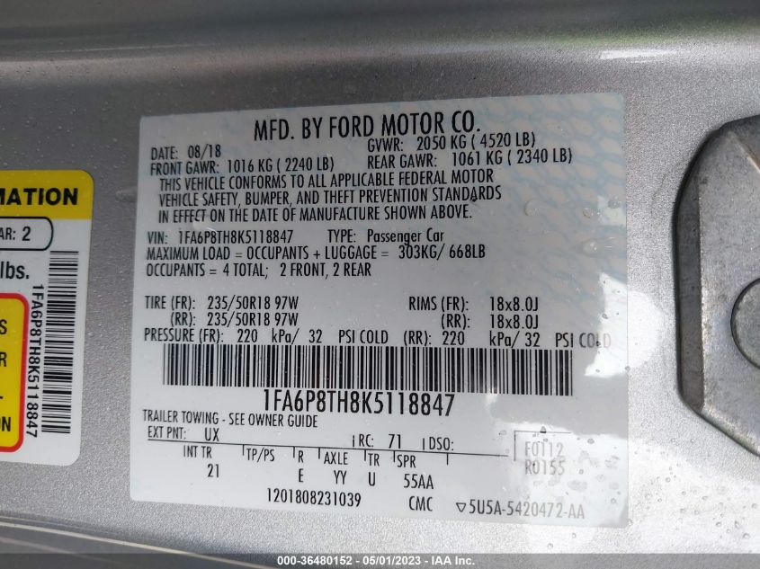 2019 FORD MUSTANG ECOBOOST - 1FA6P8TH8K5118847