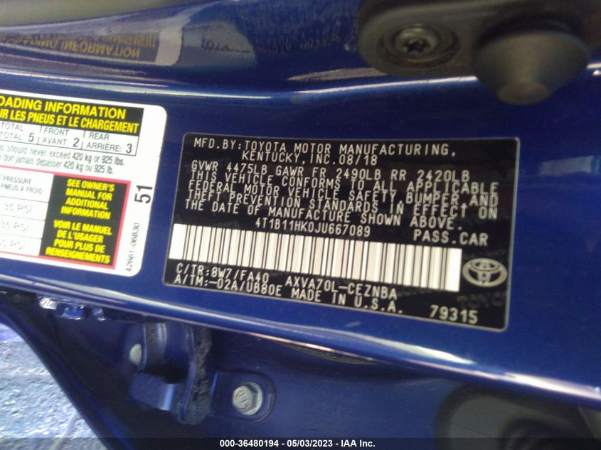 2018 TOYOTA CAMRY LE/SE/XLE/L - 4T1B11HK0JU667089