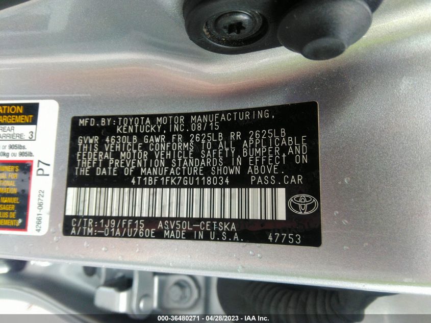 2016 TOYOTA CAMRY XLE/SE/LE/XSE - 4T1BF1FK7GU118034