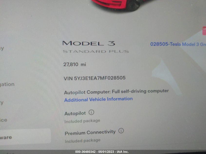 2021 TESLA MODEL 3 STANDARD RANGE PLUS - 5YJ3E1EA7MF028505