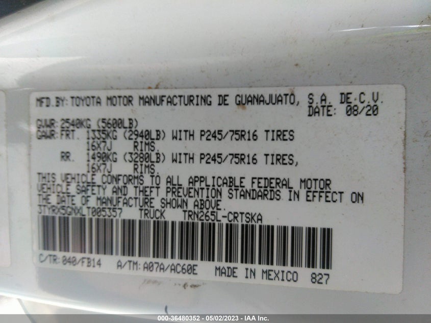 VIN 3TYRX5GNXLT005357 2020 TOYOTA TACOMA 2WD SR/SR5