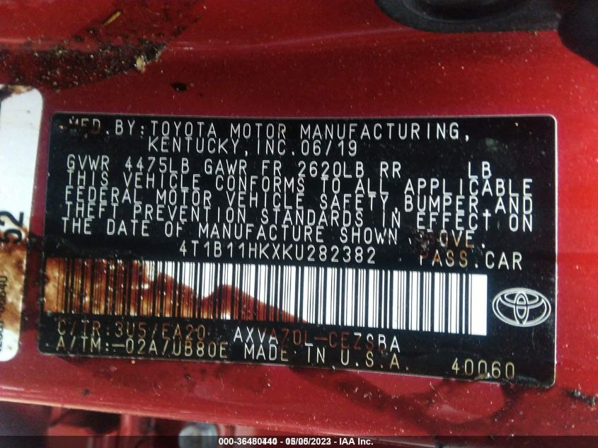 2019 TOYOTA CAMRY LE/SE/XLE/L - 4T1B11HKXKU282382