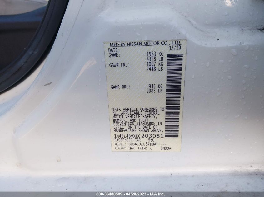 2019 NISSAN ALTIMA 2.5 S - 1N4BL4BVXKC203081