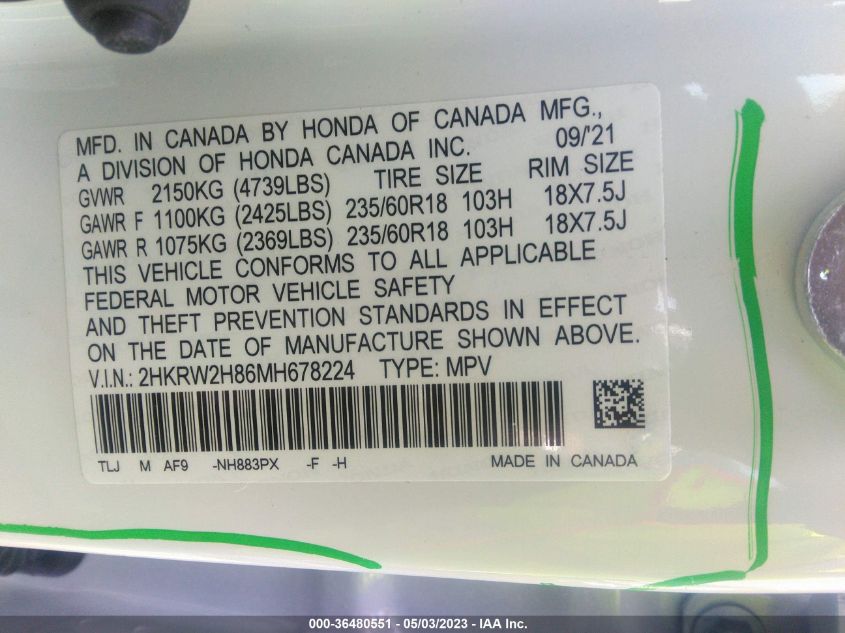 2021 HONDA CR-V EX-L - 2HKRW2H86MH678224