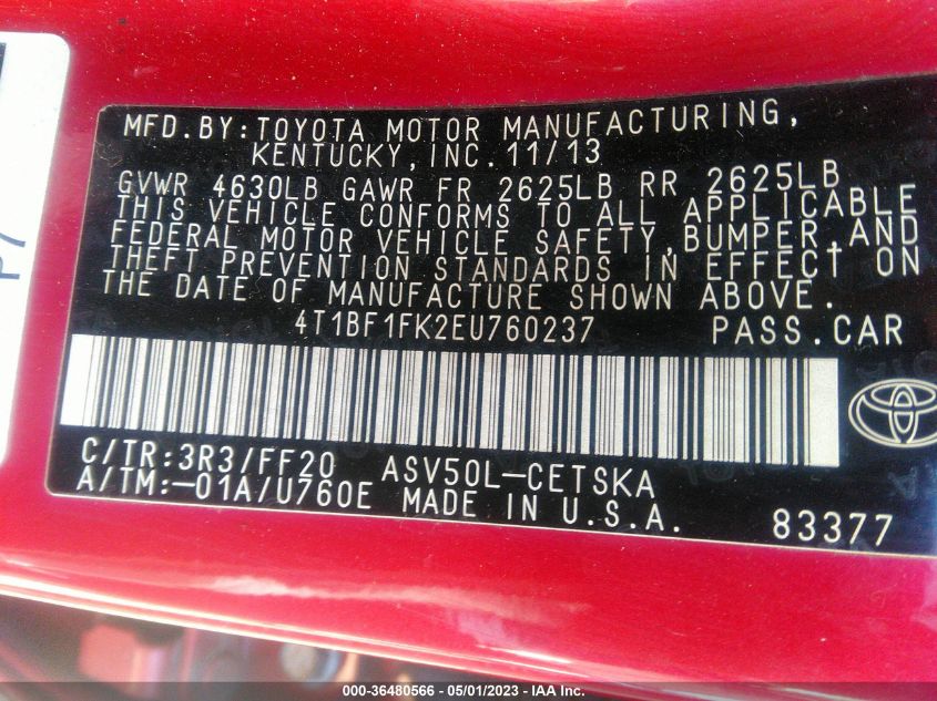 2014 TOYOTA CAMRY L/LE/XLE/SE/SE SPORT - 4T1BF1FK2EU760237