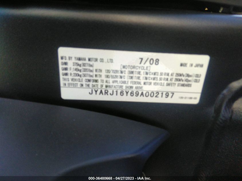2009 YAMAHA YZFR6 C - JYARJ16Y69A002197
