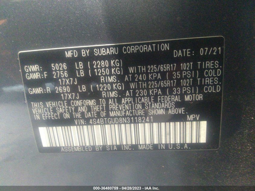 2022 SUBARU OUTBACK WILDERNESS - 4S4BTGUD8N3118241