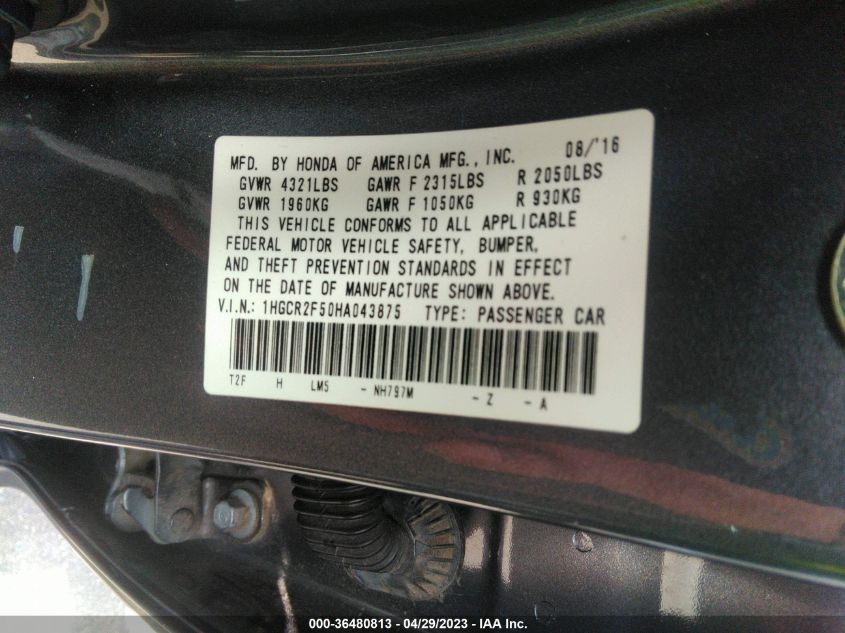 2017 HONDA ACCORD SEDAN SPORT - 1HGCR2F50HA043875