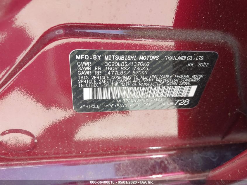 2022 MITSUBISHI MIRAGE ES/LE - ML32AUHJXNH009343
