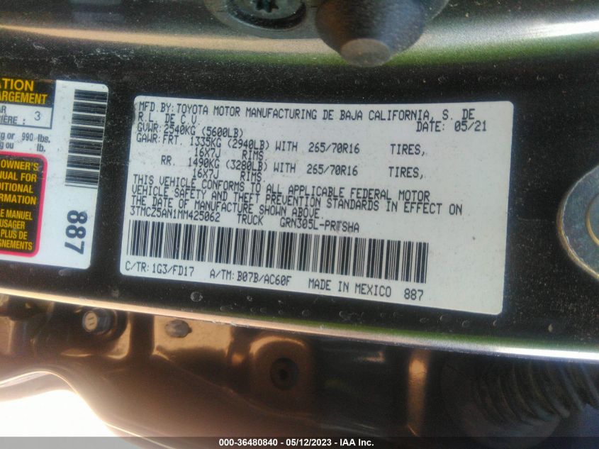 2021 TOYOTA TACOMA 4WD SR/SR5/TRD SPORT - 3TMCZ5AN1MM425062