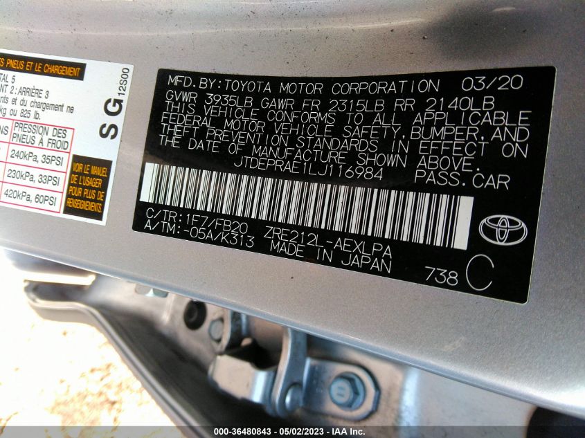 2020 TOYOTA COROLLA LE - JTDEPRAE1LJ116984