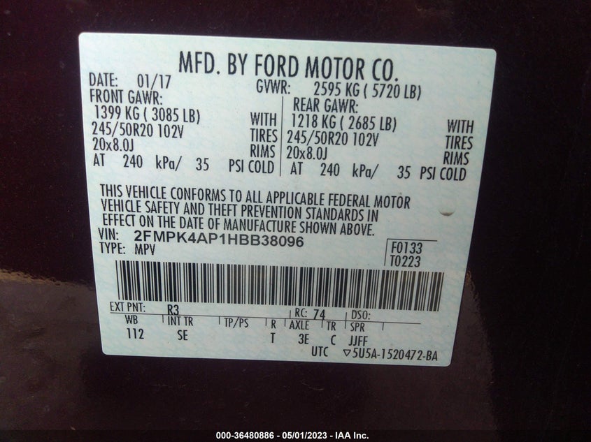 VIN 2FMPK4AP1HBB38096 2017 FORD EDGE SPORT