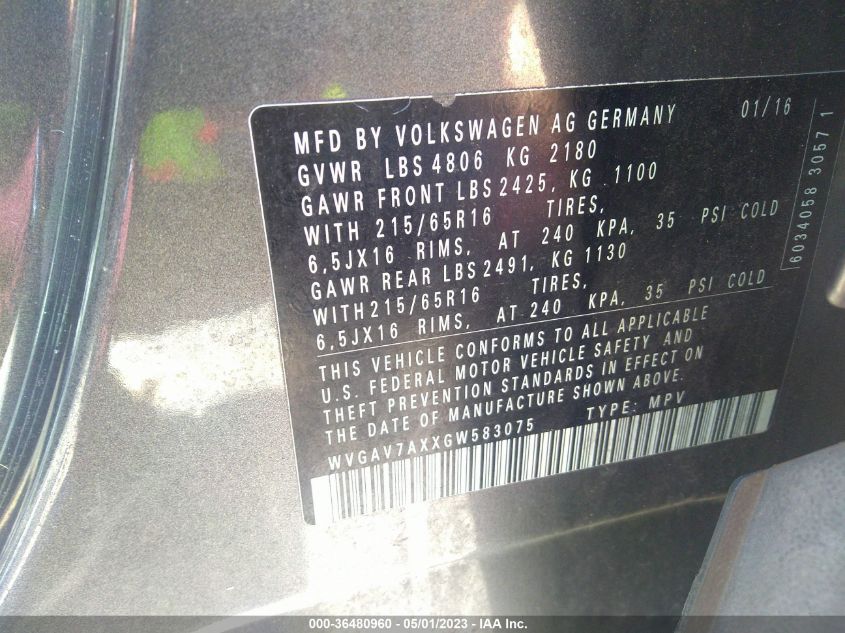2016 VOLKSWAGEN TIGUAN S - WVGAV7AXXGW583075