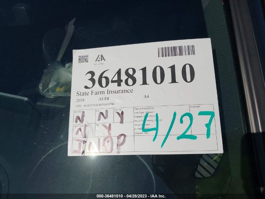 2018 AUDI A4 PREMIUM PLUS - WAUENAF48JN018786