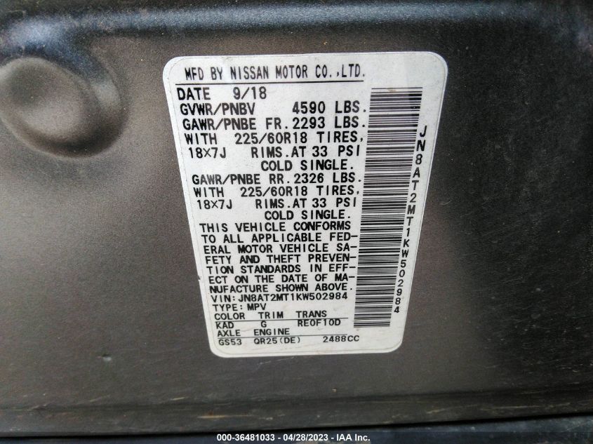2019 NISSAN ROGUE SV - JN8AT2MT1KW502984