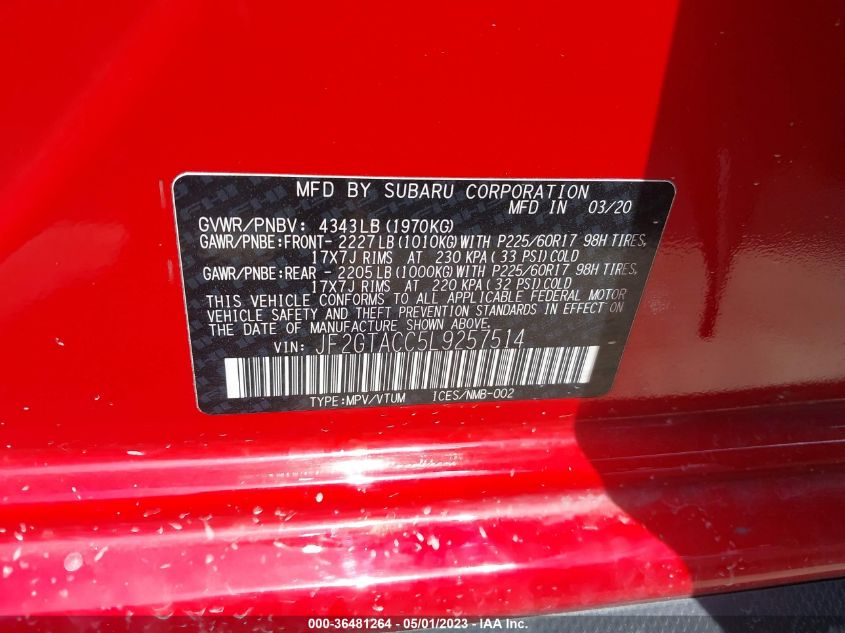 2020 SUBARU CROSSTREK PREMIUM - JF2GTACC5L9257514