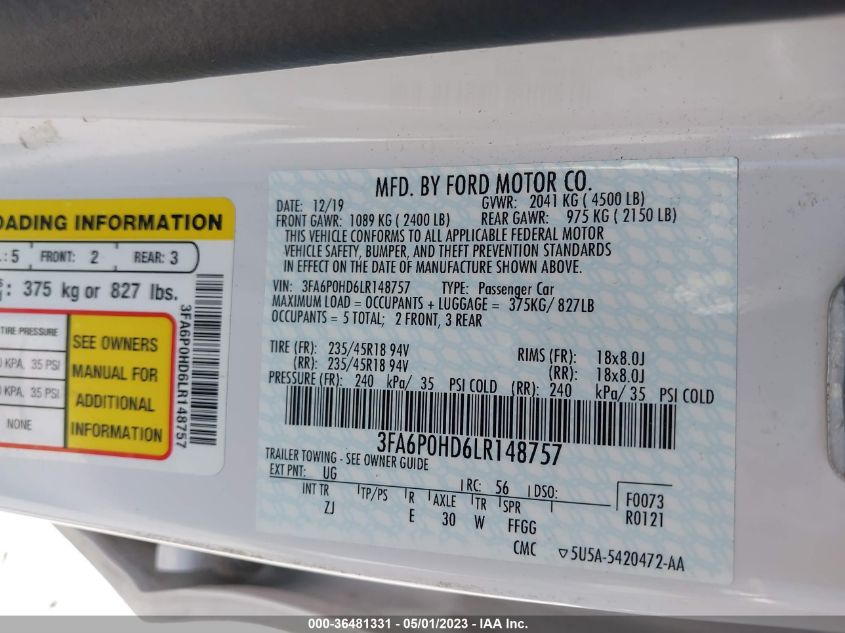 2020 FORD FUSION SE - 3FA6P0HD6LR148757