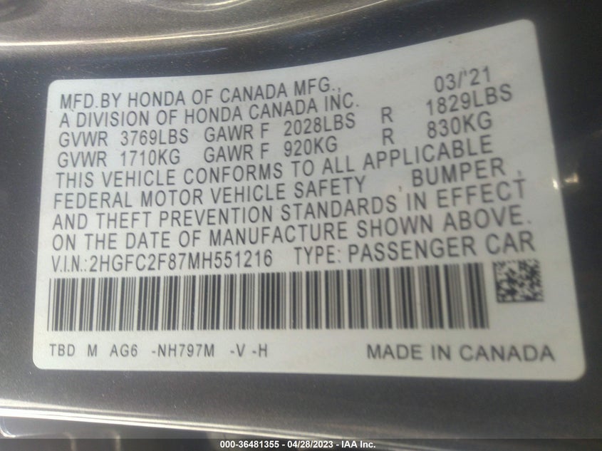 VIN 2HGFC2F87MH551216 2021 HONDA CIVIC SEDAN SPORT