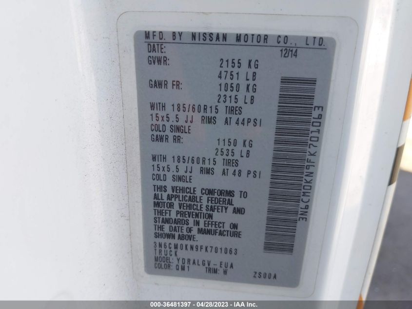2015 NISSAN NV200 S/SV - 3N6CM0KN9FK701063