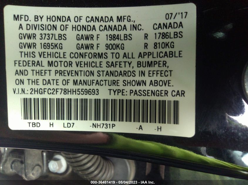 2017 HONDA CIVIC SEDAN EX - 2HGFC2F78HH559693