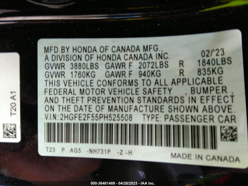 2023 HONDA CIVIC SEDAN SPORT - 2HGFE2F55PH525508