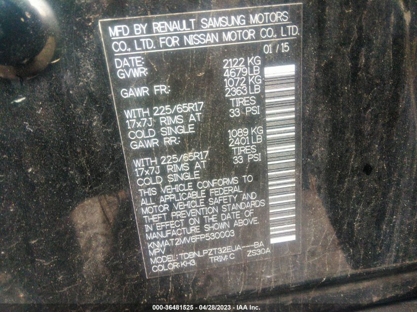 2015 NISSAN ROGUE S - KNMAT2MV6FP530003
