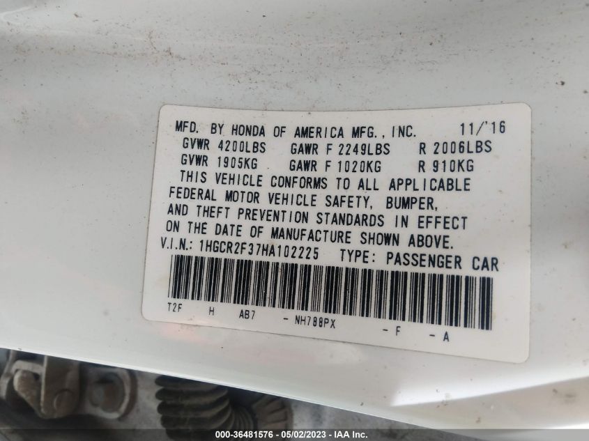 2017 HONDA ACCORD SEDAN LX - 1HGCR2F37HA102225