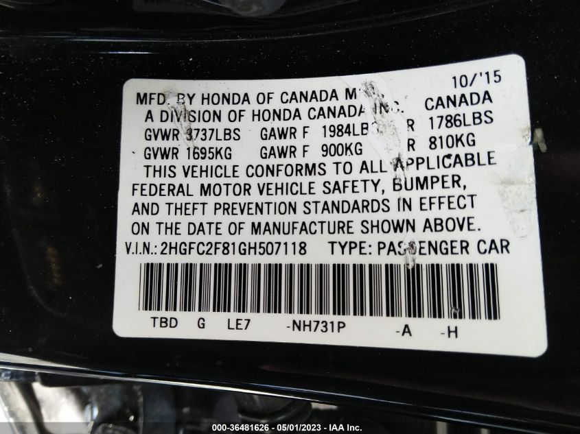 2016 HONDA CIVIC SEDAN EX - 2HGFC2F81GH507118