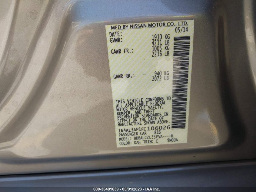 2015 NISSAN ALTIMA 2.5 S - 1N4AL3AP1FC106026