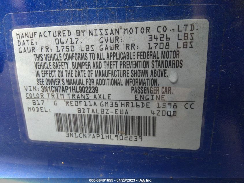 2017 NISSAN VERSA SEDAN SV - 3N1CN7AP1HL902239