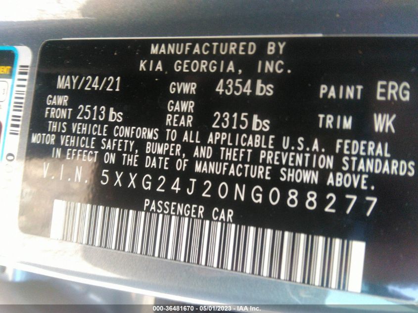 2022 KIA K5 LX - 5XXG24J20NG088277
