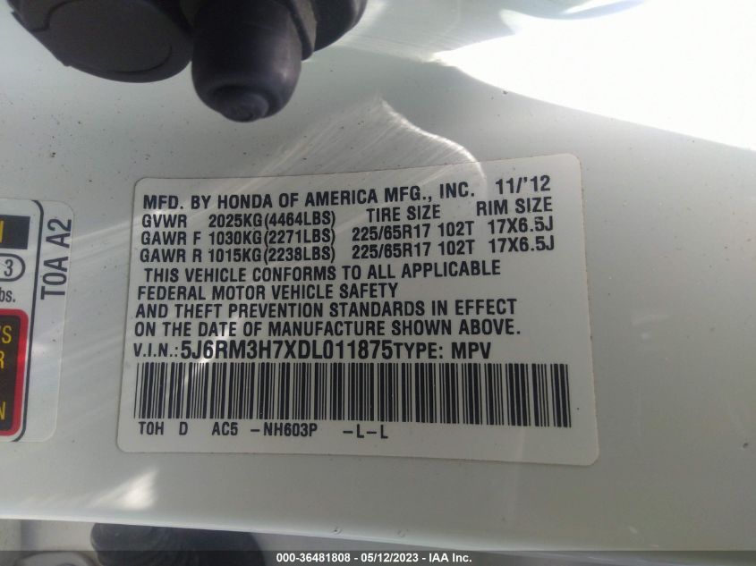 2013 HONDA CR-V EX-L - 5J6RM3H7XDL011875