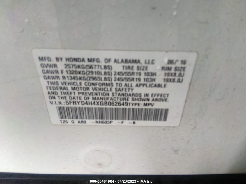 2016 ACURA MDX W/TECH/W/TECH - 5FRYD4H4XGB062649