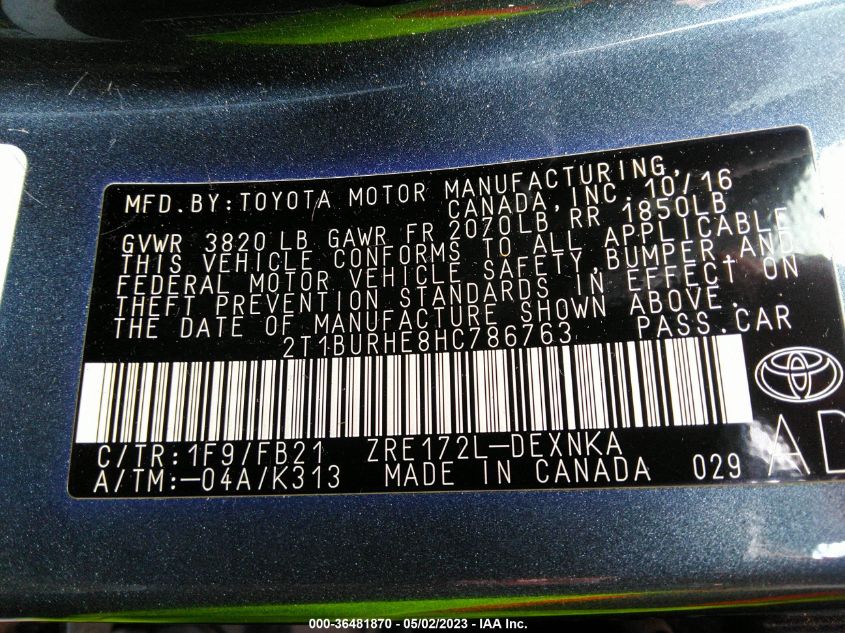 2017 TOYOTA COROLLA LE - 2T1BURHE8HC786763