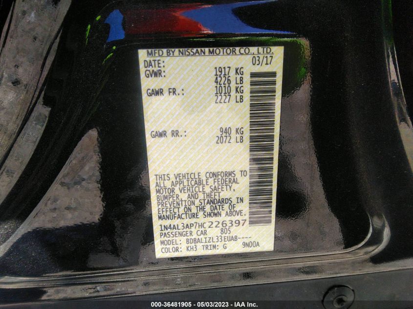 2017 NISSAN ALTIMA 2.5 SV - 1N4AL3AP7HC226397