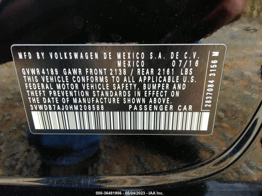 VIN 3VWDB7AJ0HM208588 2017 VOLKSWAGEN JETTA 1.4T SE
